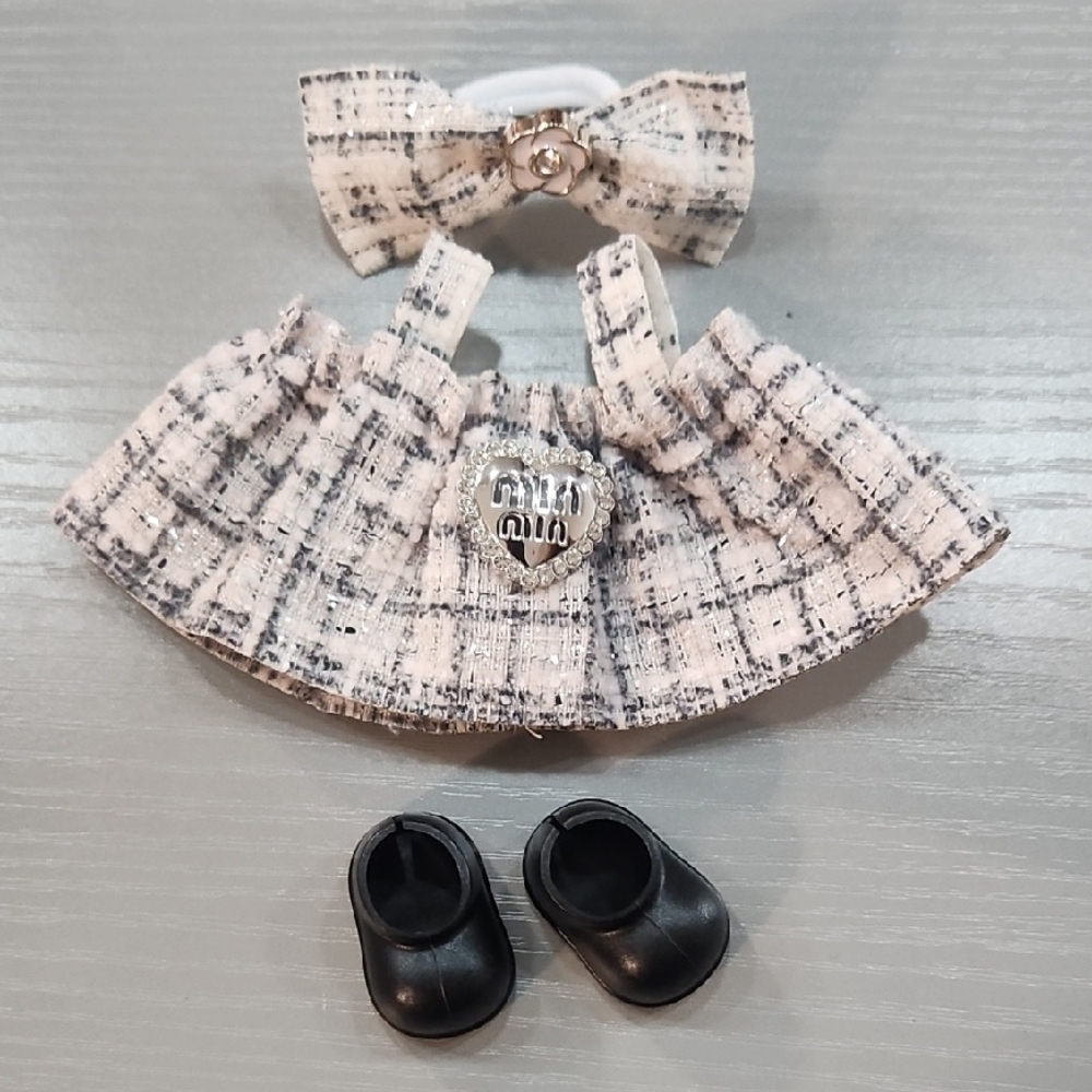 Tweed Labubu Dress with Black Shoes